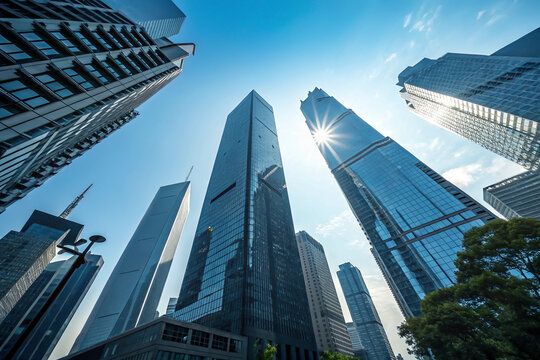Reflective skyscraper business office buildings. Bottom up view of big modern city urban landscape. Generative AI.