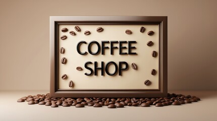 Coffee Shop Sign with Roasted Beans, 3D Rendered Design for Cafe Decor, Beverage Industry Marke