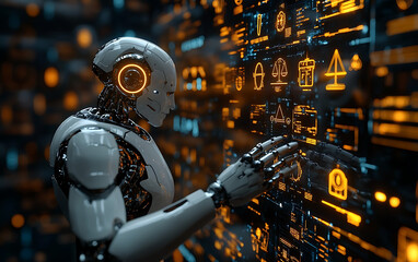 Fototapeta premium Robotic Hand Reaching for AI Ethics Holographic Icons 