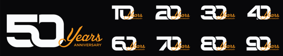 set of 10 to 100 years anniversary logos in white on black background for celebration moments