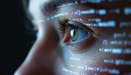Close-up of person eye looking at computer screen. Programming code reflects in the iris. Macro of digital tech, vision, cyberspace, binary data, coding, augmented reality interface.