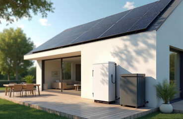 AI generated image of solar panel system with battery storage, inverter on house roof. Renewable energy tech for home. Clean eco electricity, photovoltaic modules. Modern home at sunny day.