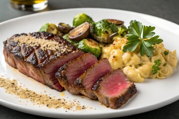 Delicious sliced steak presentation featuring savory brussel sprouts and creamy macaroni and cheese