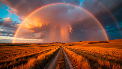 Obraz premium Vibrant rainbow arching over golden fields at sunset