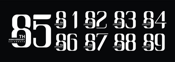 collection of 81 to 89 year anniversary logo designs with creative numbers in white on black background