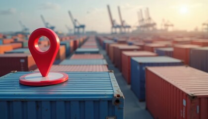 Red map pointer on cargo container surface. Many intermodal containers at harbor. Asset tracking for supply chain with IOT device monitors location. Efficiency in transportation, warehousing,
