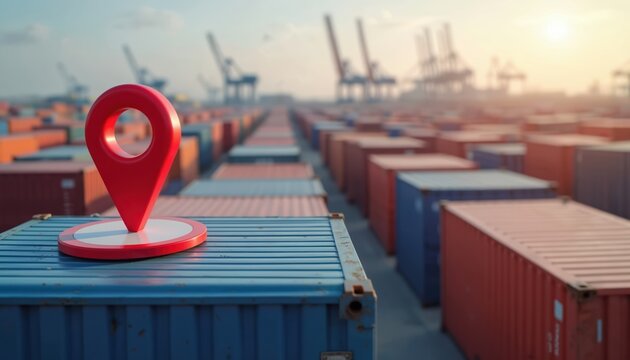 Red map pointer on cargo container surface. Many intermodal containers at harbor. Asset tracking for supply chain with IOT device monitors location. Efficiency in transportation, warehousing,