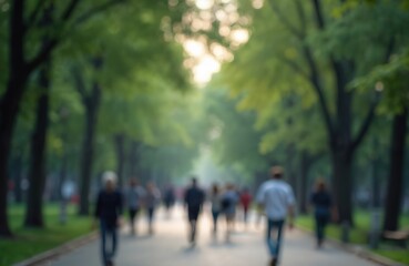Blurred people walk in city park on summer day. Green trees bokeh background. Defocused people in motion blur on road. Urban nature scene for travel content.