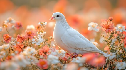 Fototapeta premium a beautiful white dove nestled among colorful flowers creating a peaceful scene