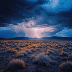 Fototapeta premium Dramatic Lightning Storm Over Open Plain at Dusk with Clouds