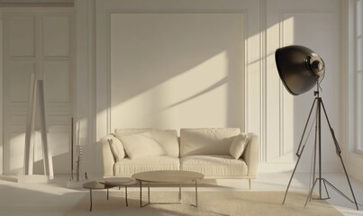 Sunlit minimalist living room with beige sofa, coffee tables, and floor lamp.