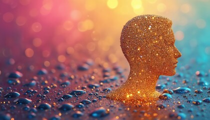 Glitter head profile icon on colorful water drops background. Shiny glistening texture. Abstract face silhouette. User avatar for social media or digital network. Modern tech design.