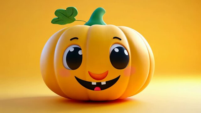 Happy cartoon pumpkin with a bright smile against a vibrant yellow background during the autumn season