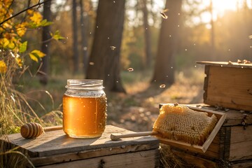 Golden Honey in a Jar with Honeycomb and Bees Flying Around in a Sunny Forest Scene