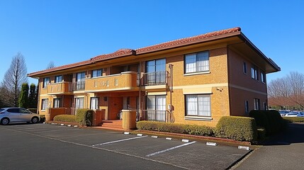 Modern apartment complex with parking. Sunny exterior