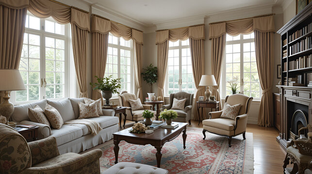 A living room filled with various pieces of furniture, including a sofa, coffee table, armchairs, and a bookshelf. Large windows with classic lambrequin curtains let in natural light,