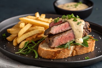 Gourmet steak toast with creamy sauce and french fries on a black plate for a delicious meal