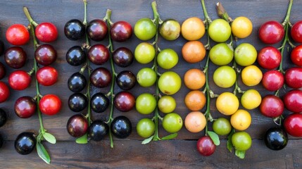 Colorful Raw Fruits Arranged Artistically on Wooden Table