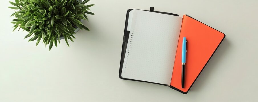 An open notebook with pen alongside a green plant on white