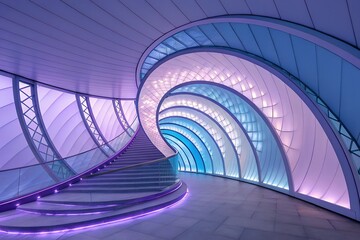 Fototapeta premium Modern architectural staircase leading to blue tunnel showcasing contemporary interior design