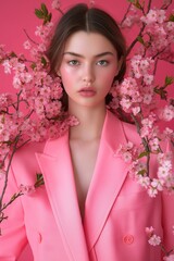 Fototapeta premium Personification of flowers. Female model. Pink accents. Pink flowers. Cherry blossoms. Pink suit. Perfume. Elegant. Pretty. Beautiful.