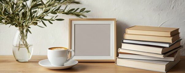 A still life composition featuring books a frame and coffee