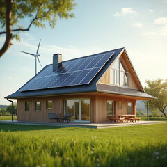 Obraz premium Eco sustainable house in country provides itself with solar photovoltaic panels and wind turbine. Modern ecological home powered by alternative renewable energy sources like sun and wind.