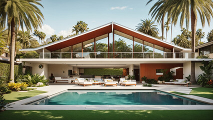 Fototapeta premium A modern home with a pool sits among palm trees. The image is used on a stock photo website.