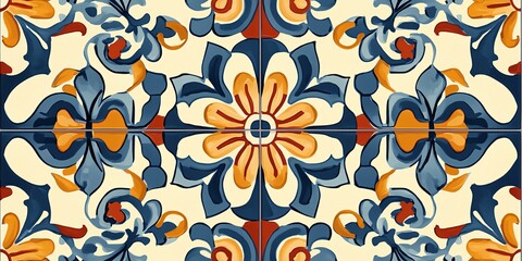 Intricate Floral Tile Design Showcases Vibrant Colors and Patterns in a Decorative Art Style