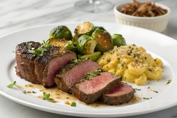 Sliced beef tenderloin served with Brussels sprouts and macaroni cheese on a white plate