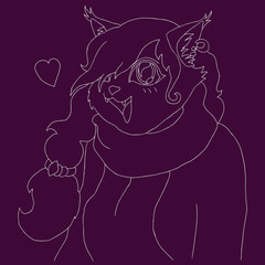 outline of smiling girl neko cat with long hair braided with scarf tied around neck looks at the camera