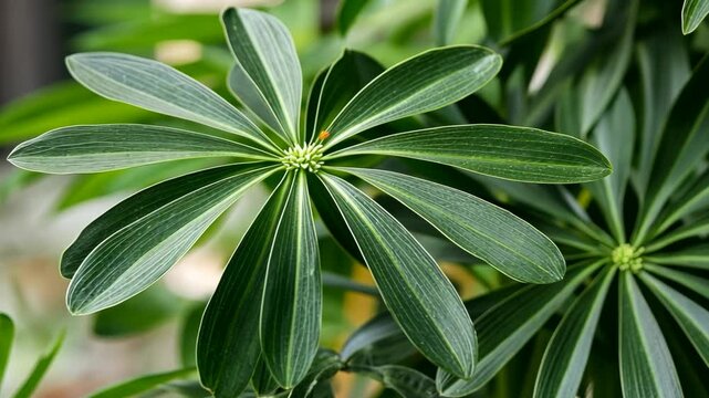 Green leaves of a Schefflera plant thriving indoors in a well-lit environment during the afternoon