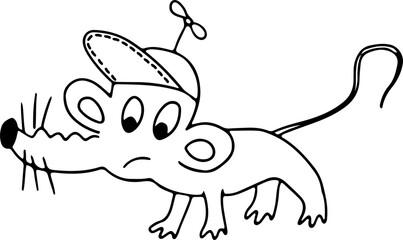 contour cute funny mouse in a baseball cap with a fan with a long nose stands and looks down thoughtfully
