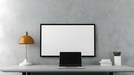 Modern Home Office Desk Setup with Blank Frame Laptop and Orange Lamp Against Concrete Wall 3D Rendering