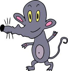 funny funny gray mouse with a long crooked nose with yellow eyes stands and waves his hands
