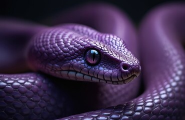 Fototapeta premium Close-up of purple snake with scaled skin, purple eye. Reptile coils body against dark background. Exotic creature presents predator with reptile head, dangerous look. Purple fauna, animal, wild