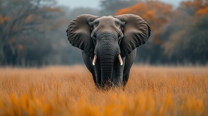 Fototapeta premium a lone elephant trekking through a wooded area surrounded by tall grass
