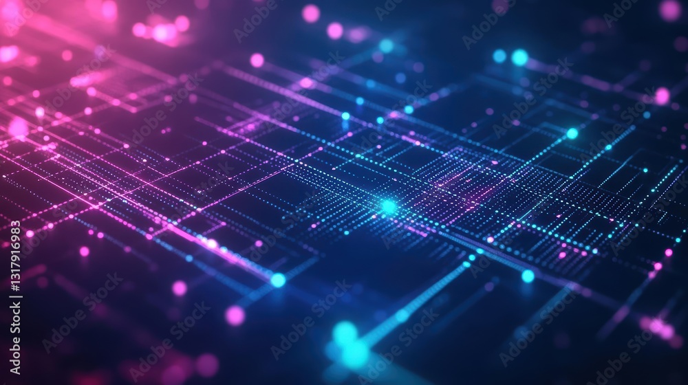 Poster intricate computer circuit design with vibrant blue and pink background creating a futuristic and dy