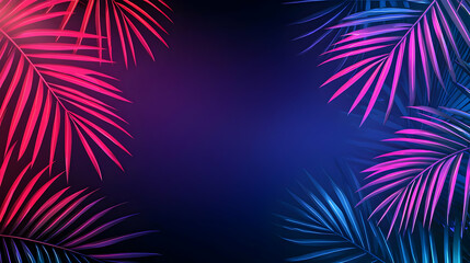 Abstract composition featuring glowing neon palm leaves in shades of blue and pink arranged at the corners against a dark background ideal for