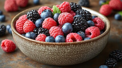 a photorealistic depiction of a bowl filled with mixed wild berries including luscious raspberries blueberries and blackberries