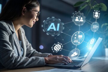 Young professional woman using laptop with AI technology for data analysis and communication