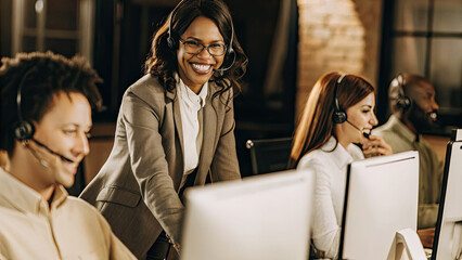 A smiling customer service representative in a corporate office, wearing a headset while assisting clients, emphasizing professionalism, communication, and a positive workplace culture.