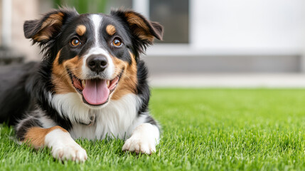 Happy dog lying on green grass, enjoying sunny day outdoors