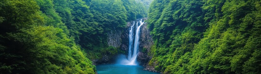 Obraz premium Majestic Waterfall Cascading Through Lush Green Forest Surrounded by Vibrant Foliage Creating a Tranquil and Invigorating Natural Scene
