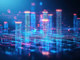 Fototapeta premium Vibrant Cityscape at Night Illuminated by Blue and Pink Neon Lights Creating a Lively Urban Atmosphere Filled with Energy and Modern Aesthetics