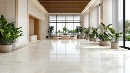 Obraz premium Luxurious airport terminal with marble floors and elegant design, featuring greenery
