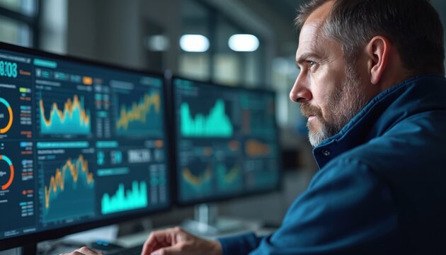 Manager monitors metrics, financial data on computer dashboard. Man analyzes graphs, charts, diagrams. Investment analysis, project management. Business strategy, software. Trader works in office.