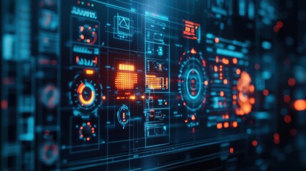 Obraz premium Futuristic Digital Interface Displaying Vibrant Glowing Blue and Red Lights Against a Dark Background Evoking a Sense of Innovation and Technology