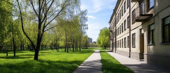 Obraz premium Sunny park path by apartment building