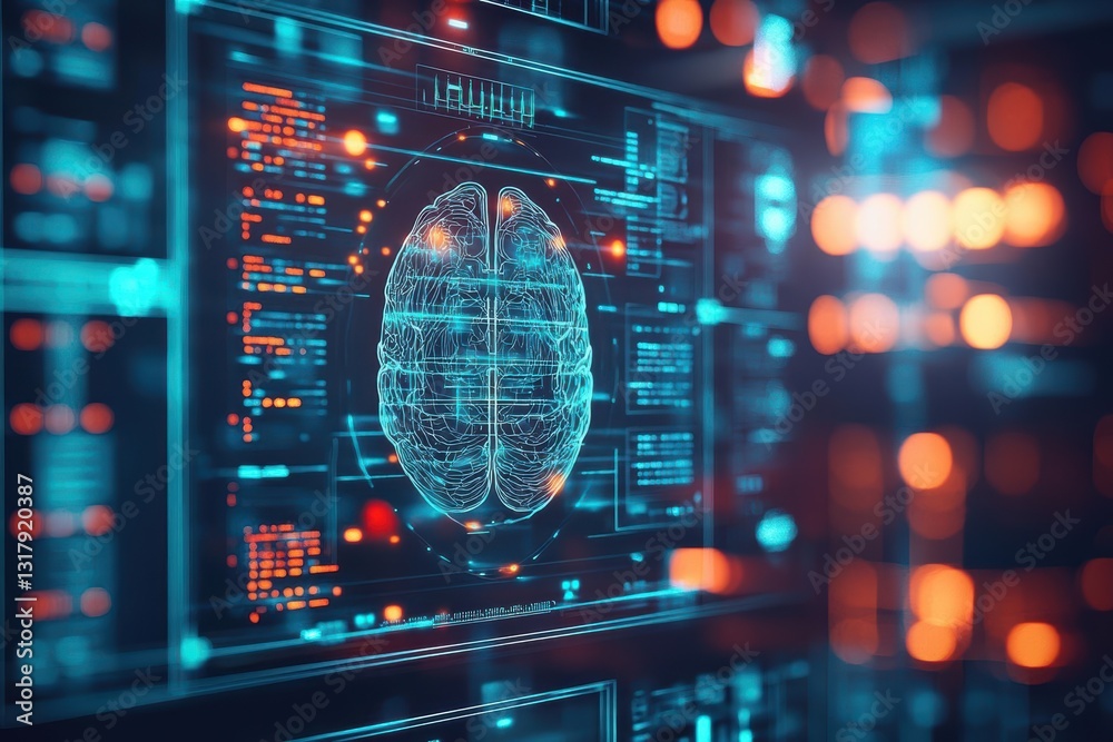 Poster detailed computer screen displaying colorful brain scan image in medical office setting reflecting a